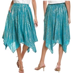NEW Nanette Lepore Asymmetrical Teal Blue Gold Midi Handkerchief Skirt Size M